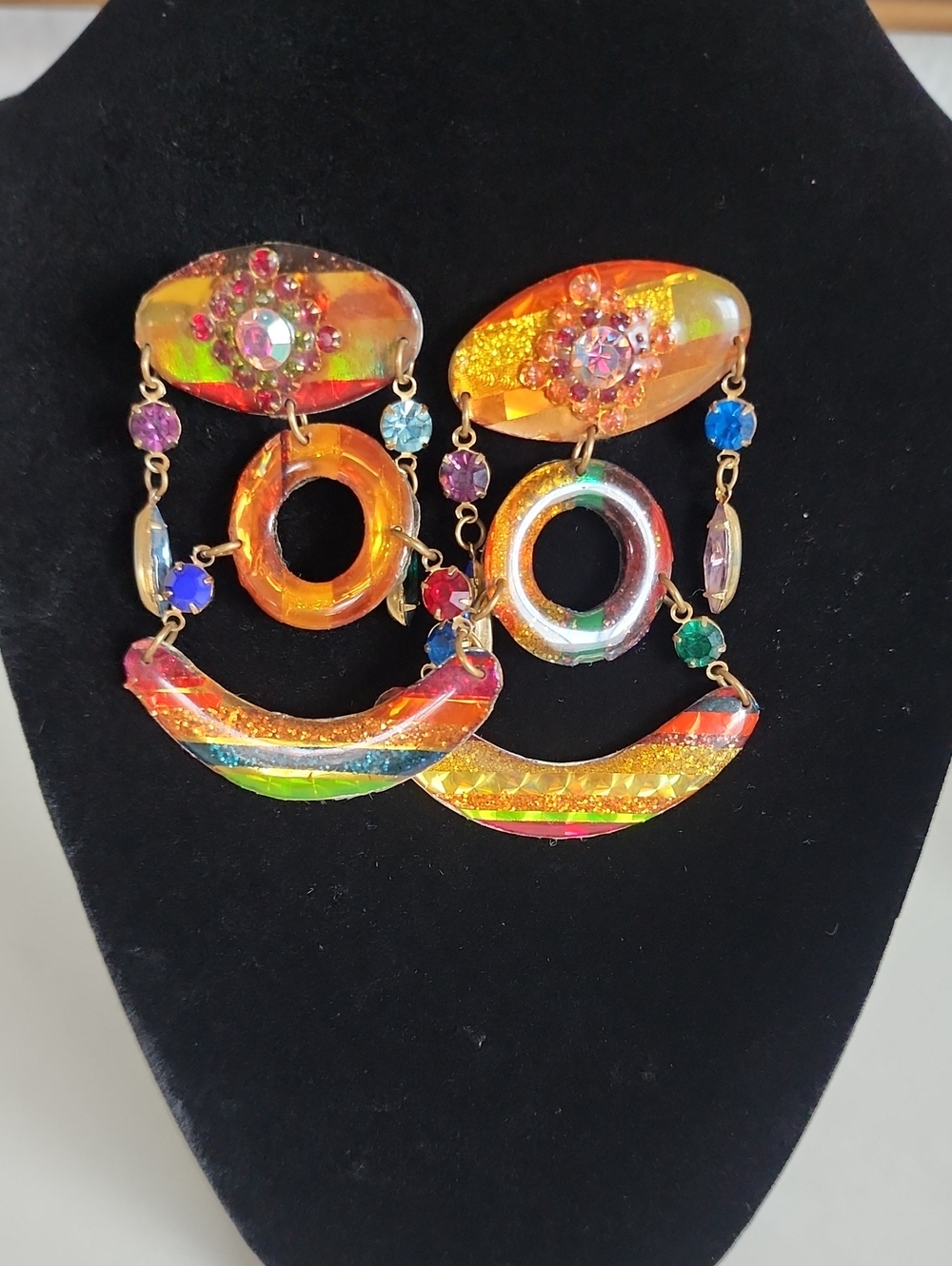 Iridescent Multicolor Vintage Dangle Earrings - Vibrant Gold-Orange Accent